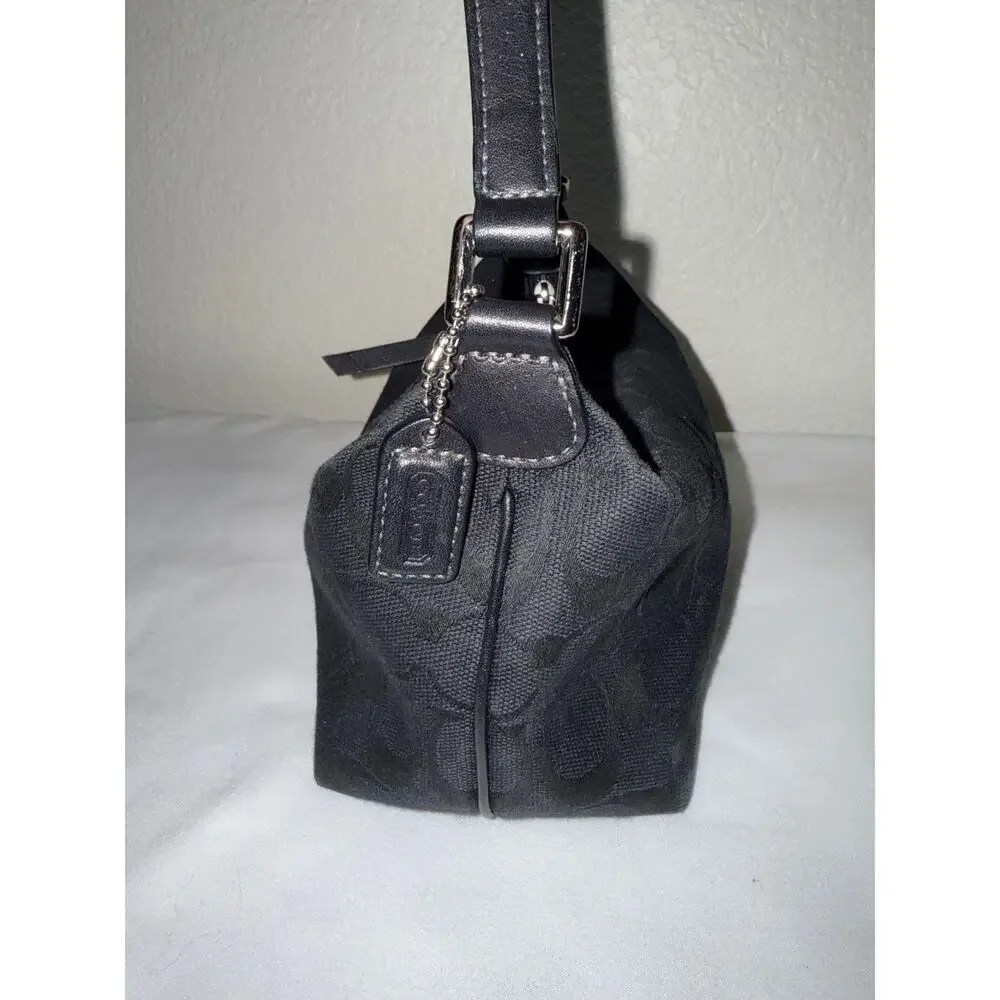 COACH Vintage Black Signature Carly Mini Hobo Baguette Blue Stitch Accent